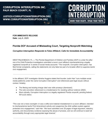 Press Release July 6, 2025 - Florida DCF Accused of Misleading C